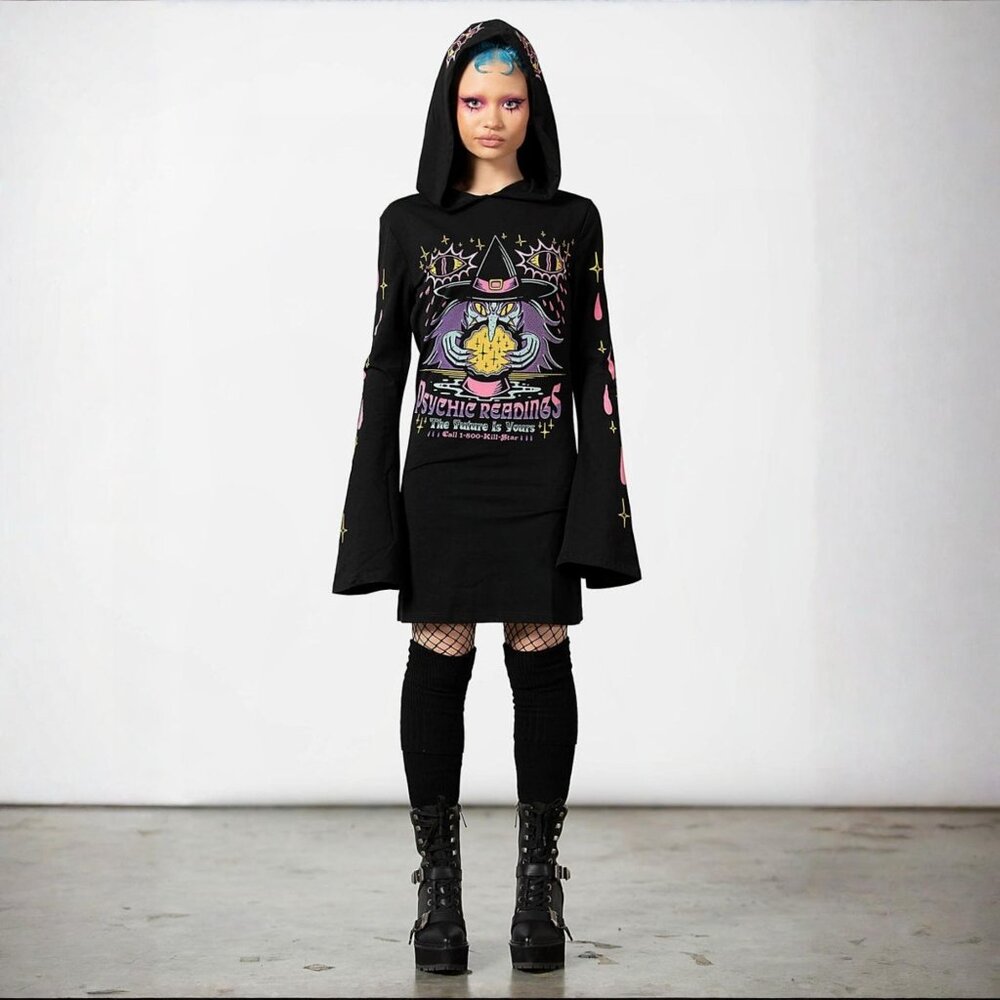 Killstar ✦ Crystal Gazer Hooded Dress ✦ Black Psychic Graphic Bell Sleeves M NWT - Picture 6 of 10
